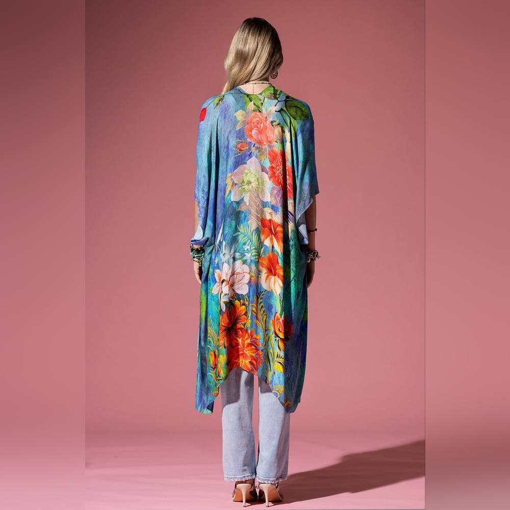 Dreamy Floral Print Kimono - Watercolor Effect Background - Soft Silky Material - Picture 4 of 7